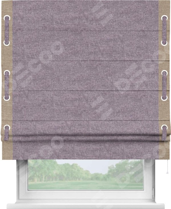 Римская штора «Кортин» для проёма, лён кашемир фиолетовый, с кантом Стрим Дуо (люверсы с пояском)